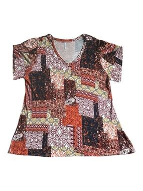 Cathy boho tunic with a patchwork print & a paisley & floral motif fall tones 2X